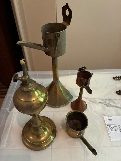Antieke Koperen en Bronzen Olie- en Kaarslampen Set, Antiek en Kunst, Antiek | Koper en Brons, Ophalen of Verzenden, Koper