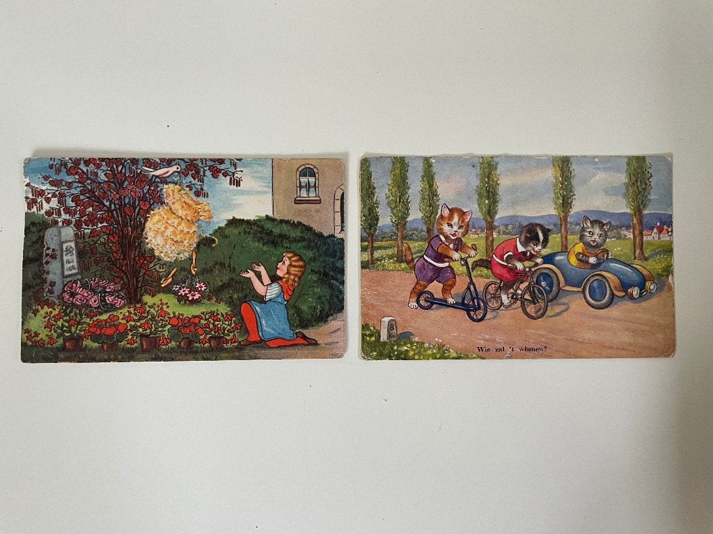 C961 Ansichtkaarten Poezen Wie zal het winnen? Assepoester, Ophalen of Verzenden, 1940 tot 1960, Ongelopen, Overige thema's