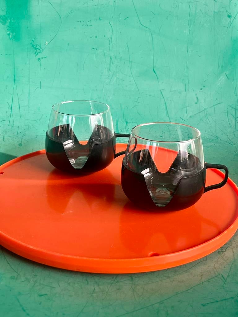 Retro theeglazen kunststof houders zwart jaren 70 bolvorm, Ophalen of Verzenden, Gebruikt, Overige typen