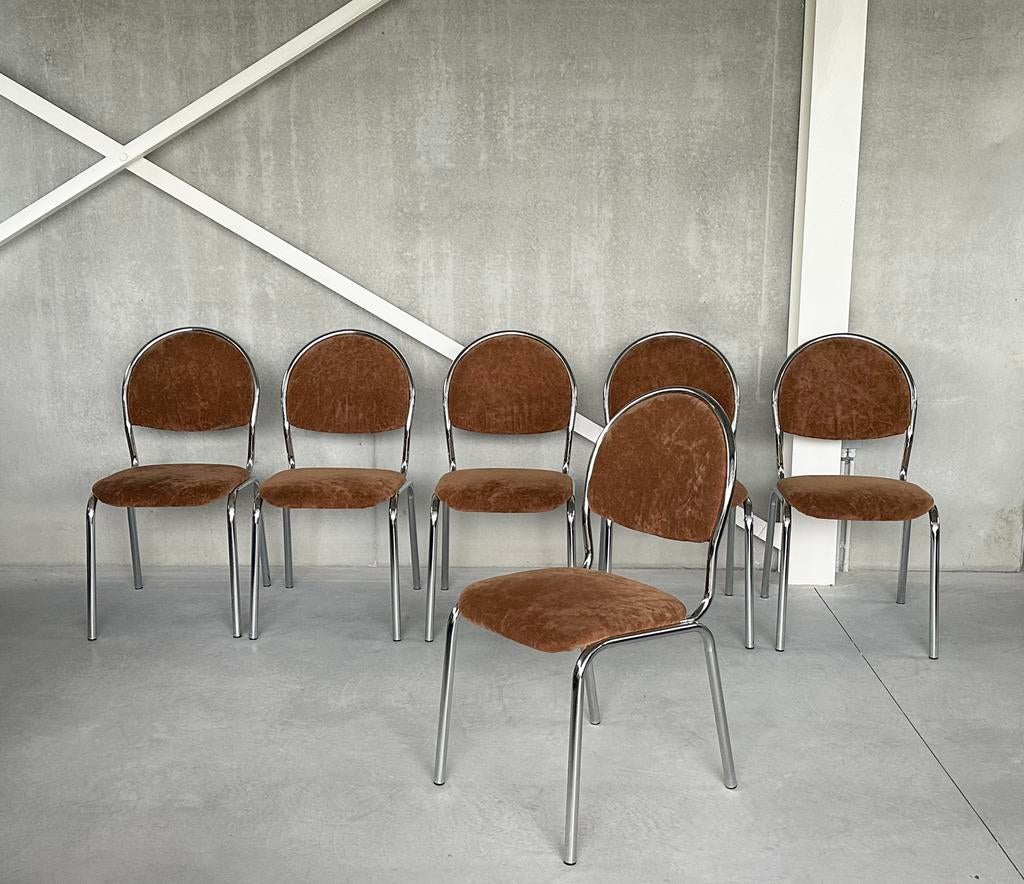 Vintage chroom eetkamerstoelen 1980s, Huis en Inrichting, Stoelen, Ophalen of Verzenden, Zo goed als nieuw, Bruin, Leer