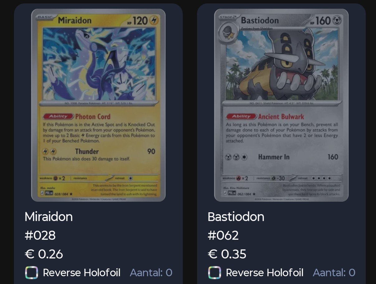 Gezocht:Miraidon en Bastiodon PBL, Hobby en Vrije tijd, Ophalen of Verzenden, Zo goed als nieuw, Losse kaart, Foil