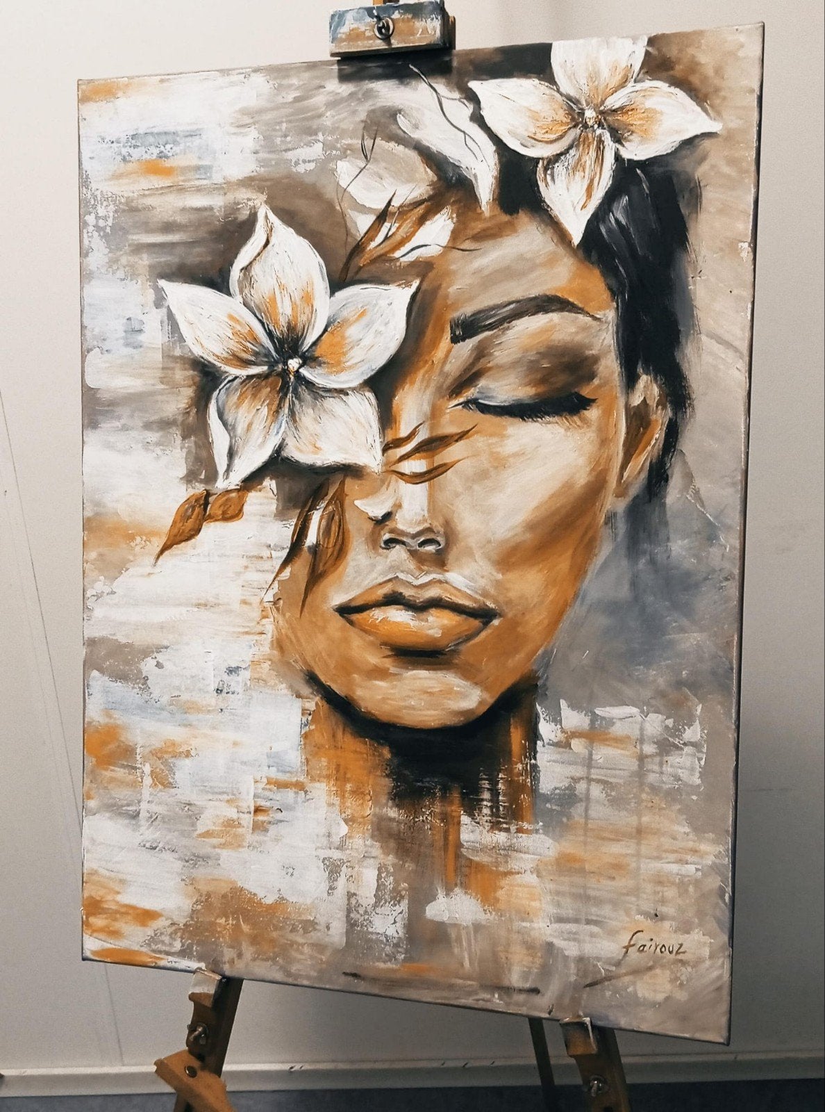 Vrouw met bloemen - Origineel handgeschilderd schilderij, Ophalen, Origineel werk, Doek, Portret of Personen