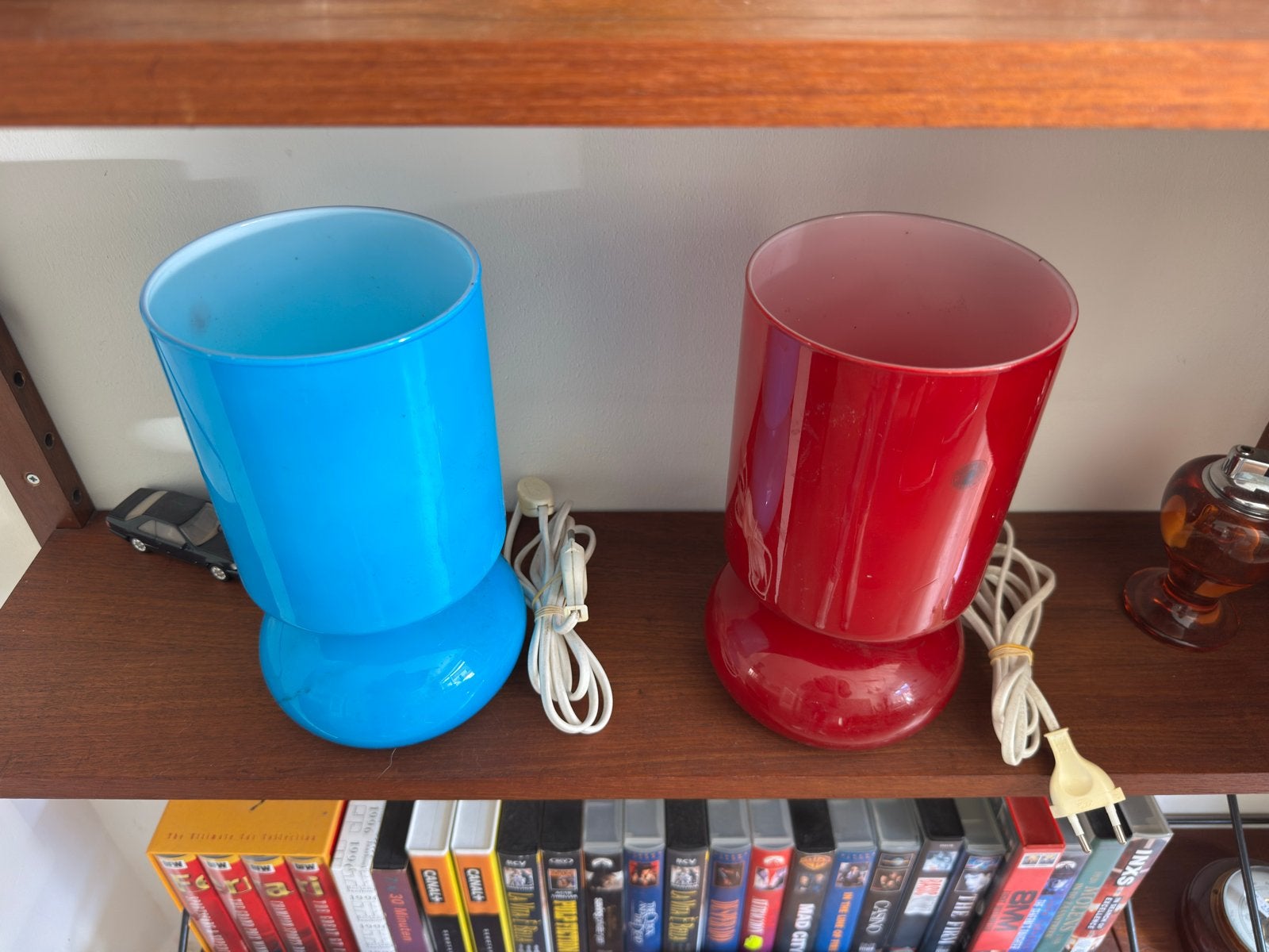 Vintage IKEA LYKTA Tafellampen Blauw & Rood Glas Set van 2, Blauw, Ophalen of Verzenden, Glas, IKEA
