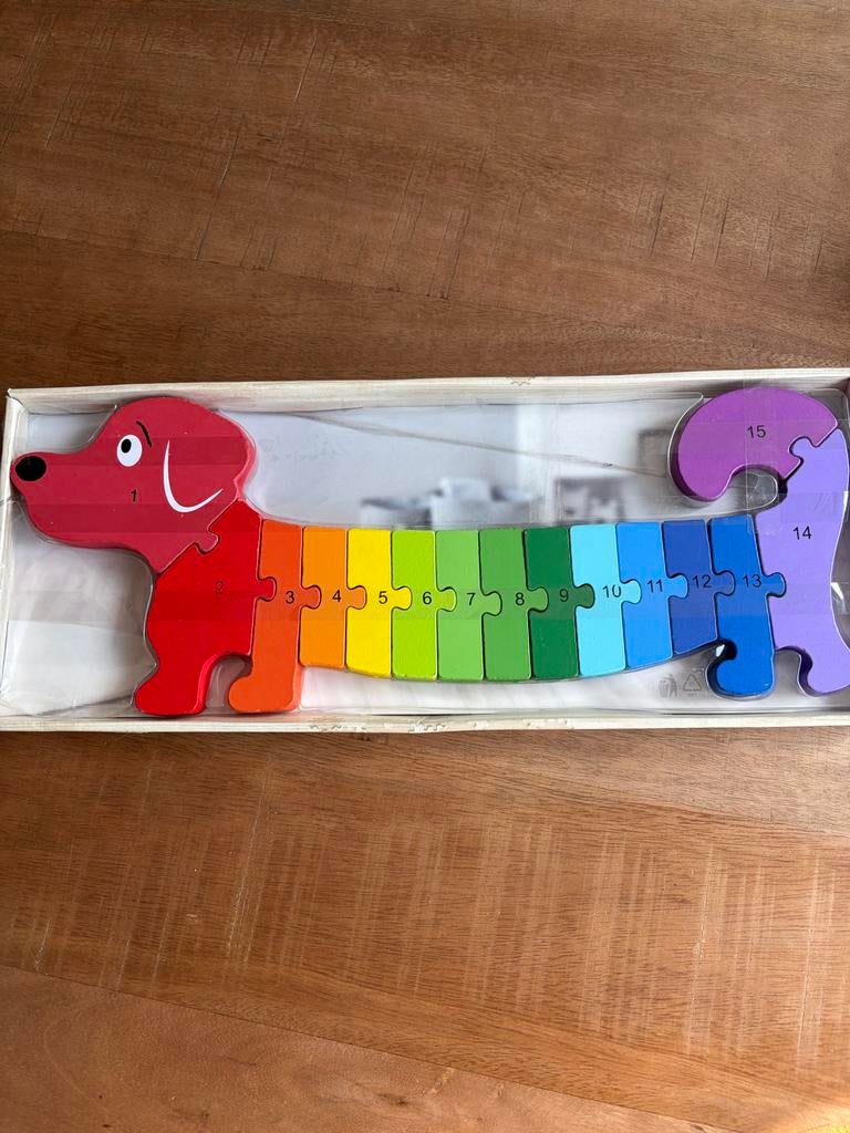 Houten Regenboog Hond Puzzel - Leren Tellen, Ophalen, 2 tot 4 jaar, 10 tot 50 stukjes, Zo goed als nieuw
