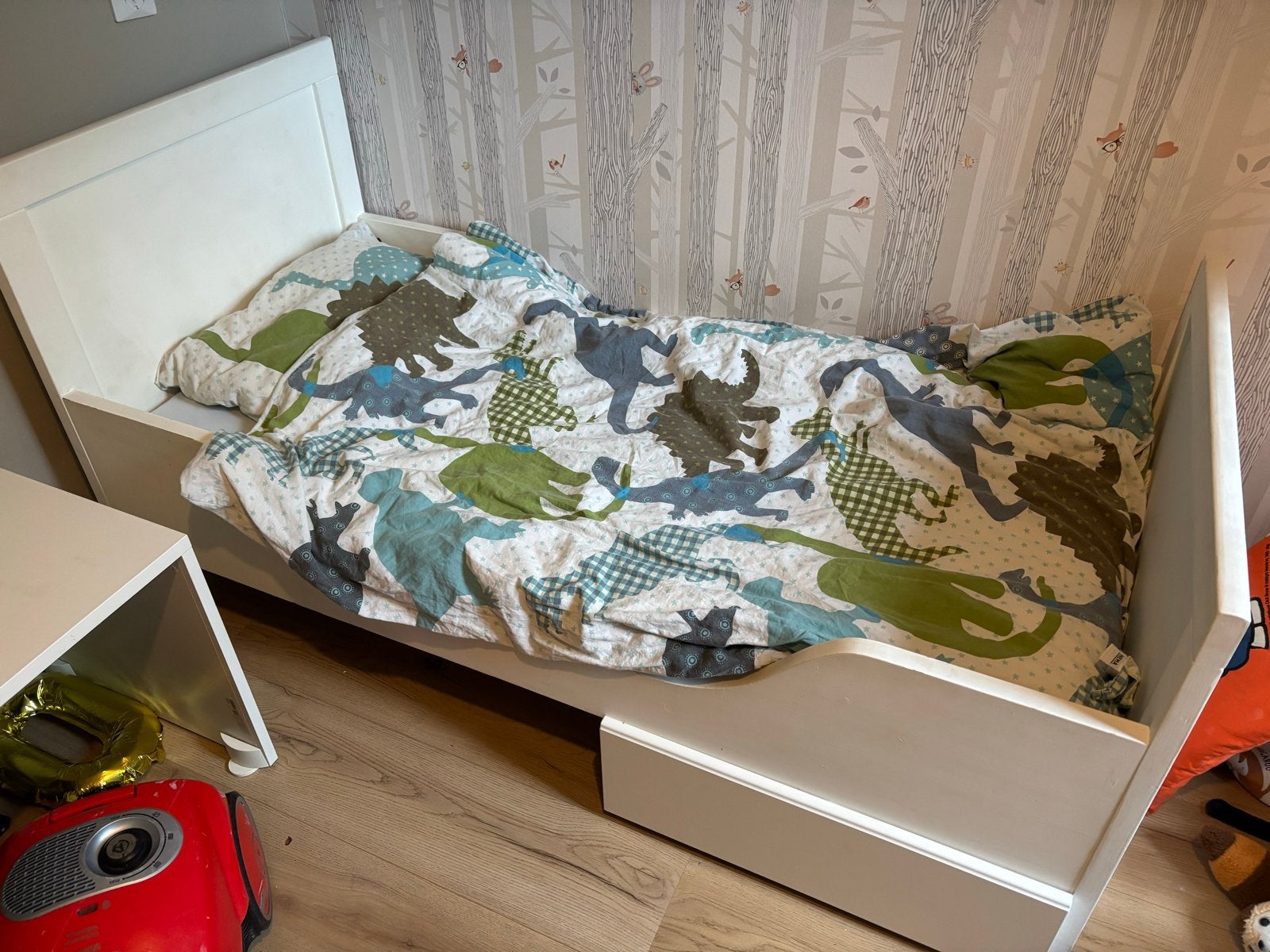 Stevig houten peuterbed 70x140 incl lade, matras, beddengoed, Ophalen, Gebruikt, 70 tot 85 cm, 140 tot 160 cm