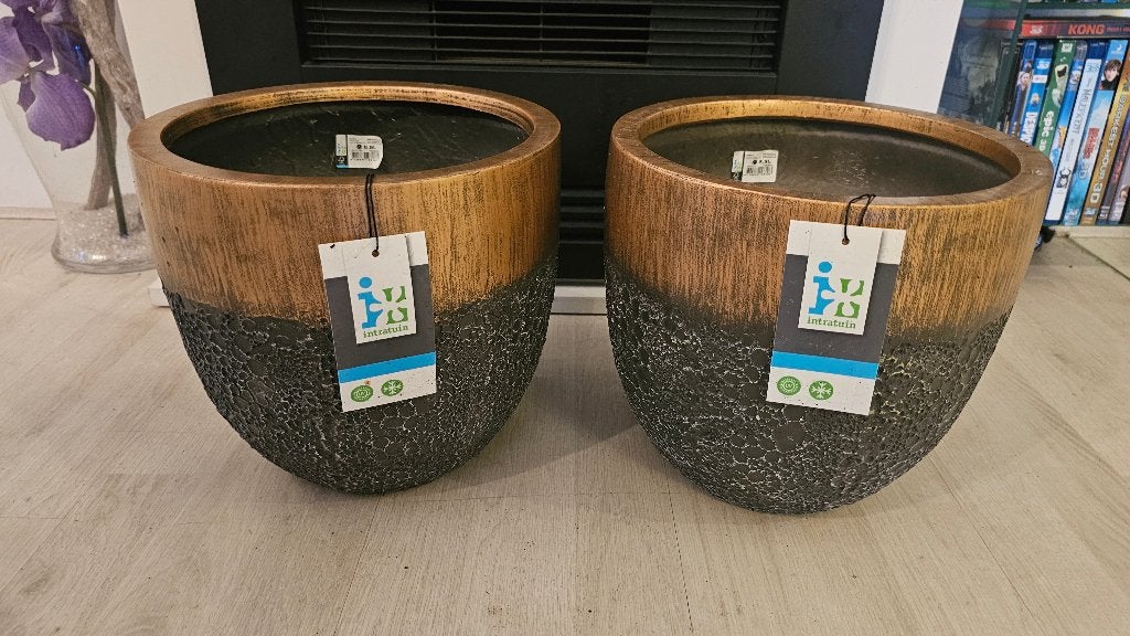 Leuke Goud/Grijze Bloempotten! 8,5 L! NIEUW!, Rond, Nieuw, Ophalen of Verzenden, Aardewerk