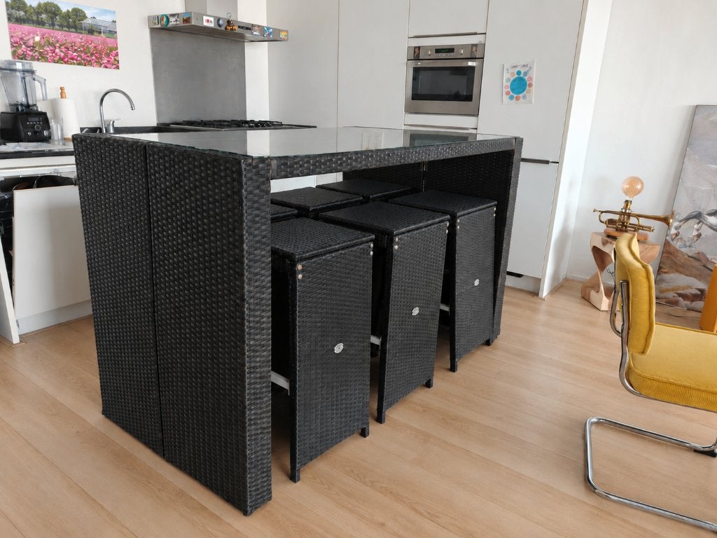 Grote keukenbar / kookeiland met glazen blad en 6 krukken, 5 krukken of meer, Ophalen of Verzenden, Gebruikt, 60 tot 90 cm