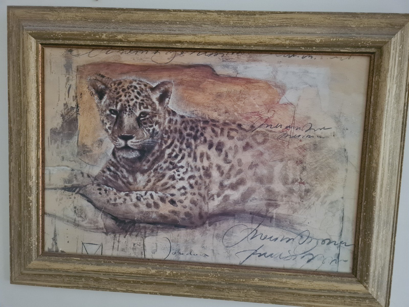 Schilderij met luipaard - Vintage stijl, Dieren, Ophalen of Verzenden, Gesigneerd, Papier