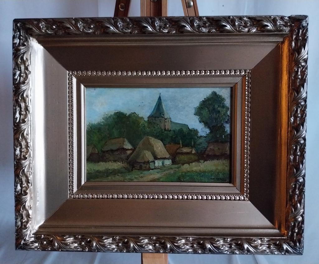 HW de Jong (1876-1950) - Dorpszicht - Paneel - 1900, Ophalen of Verzenden