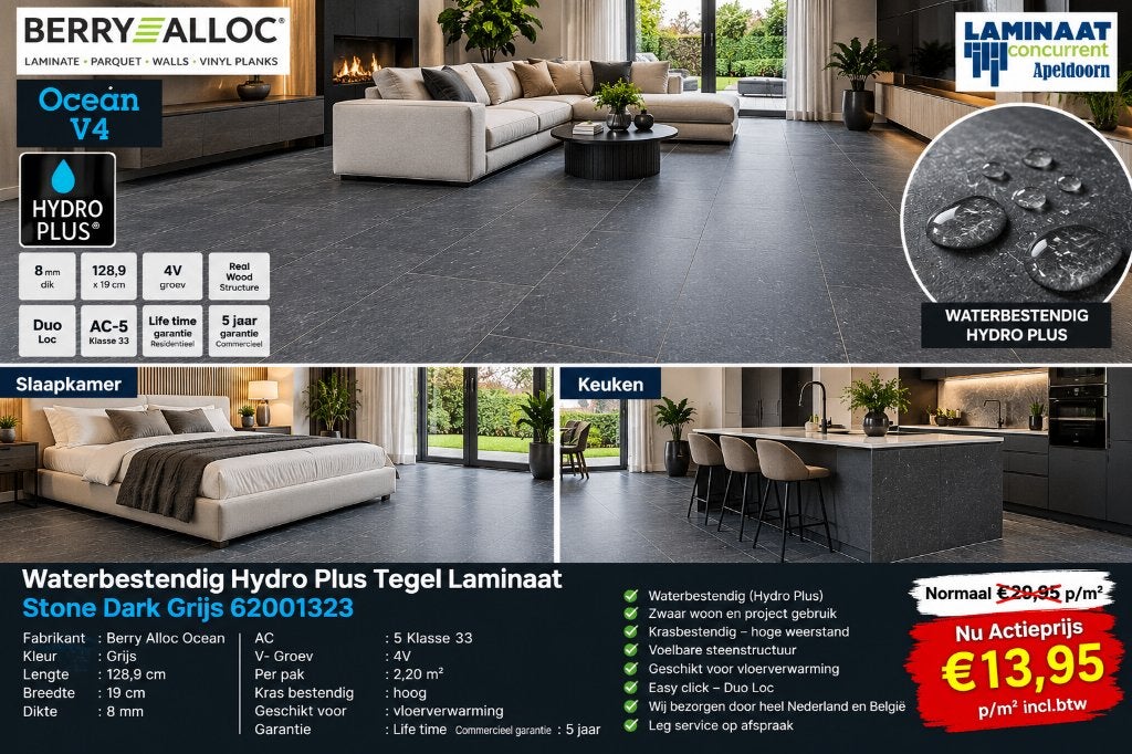 Waterbestendig Tegel Laminaat Stone Dark 8mm dik Hydro Plus, 75 m² of meer, Nieuw, Ophalen of Verzenden, Waterbestendig tegel laminaat stone dark