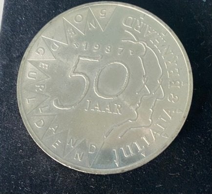 Zilveren 50 Gulden 1987, 50 jaar huwelijk Juliana & Bernhard, Postzegels en Munten, Munten | Nederland, Koningin Beatrix, Zilver