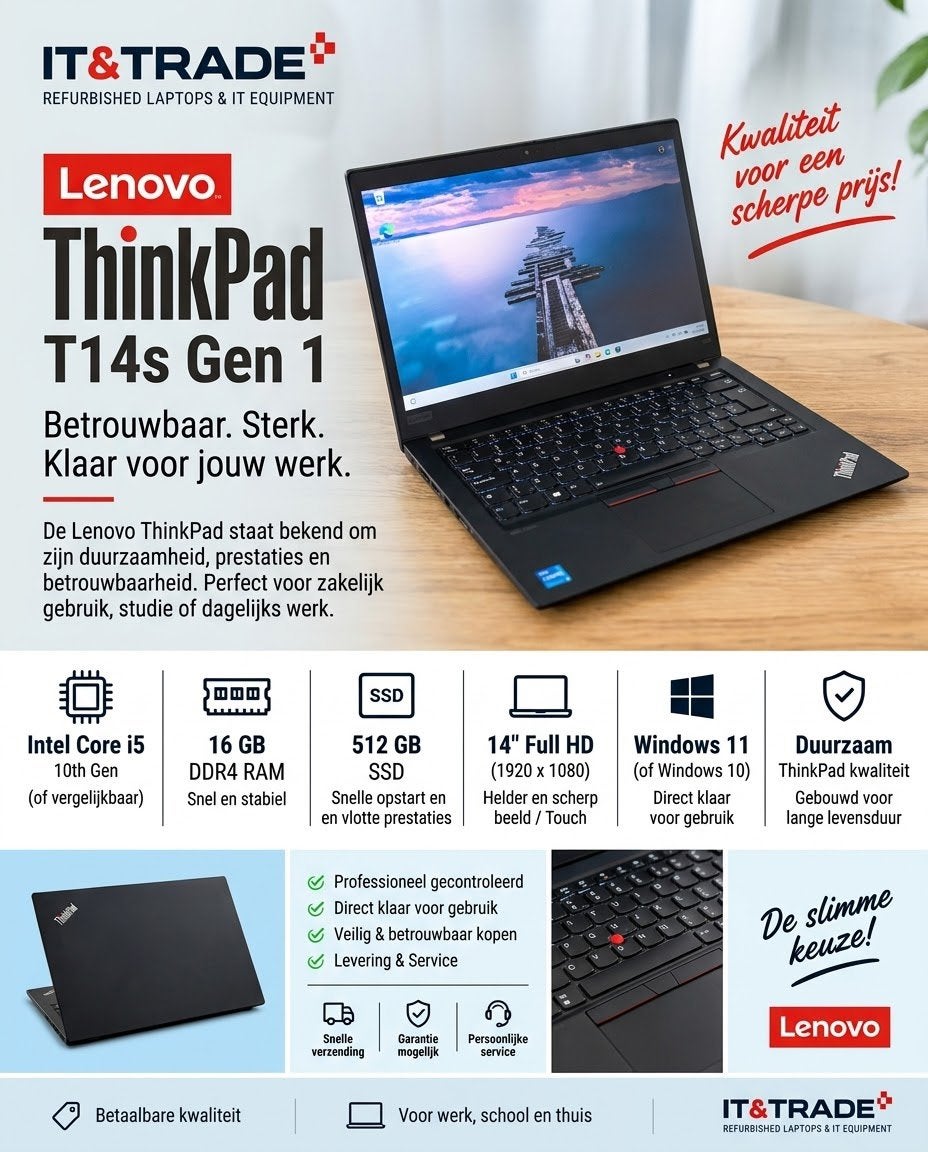 Lenovo ThinkPad T14s Gen 1 | i5-10th | 16GB | 512GB SSD, Computers en Software, 2 tot 3 Ghz, Qwerty, Support@lenovo.com, SSD