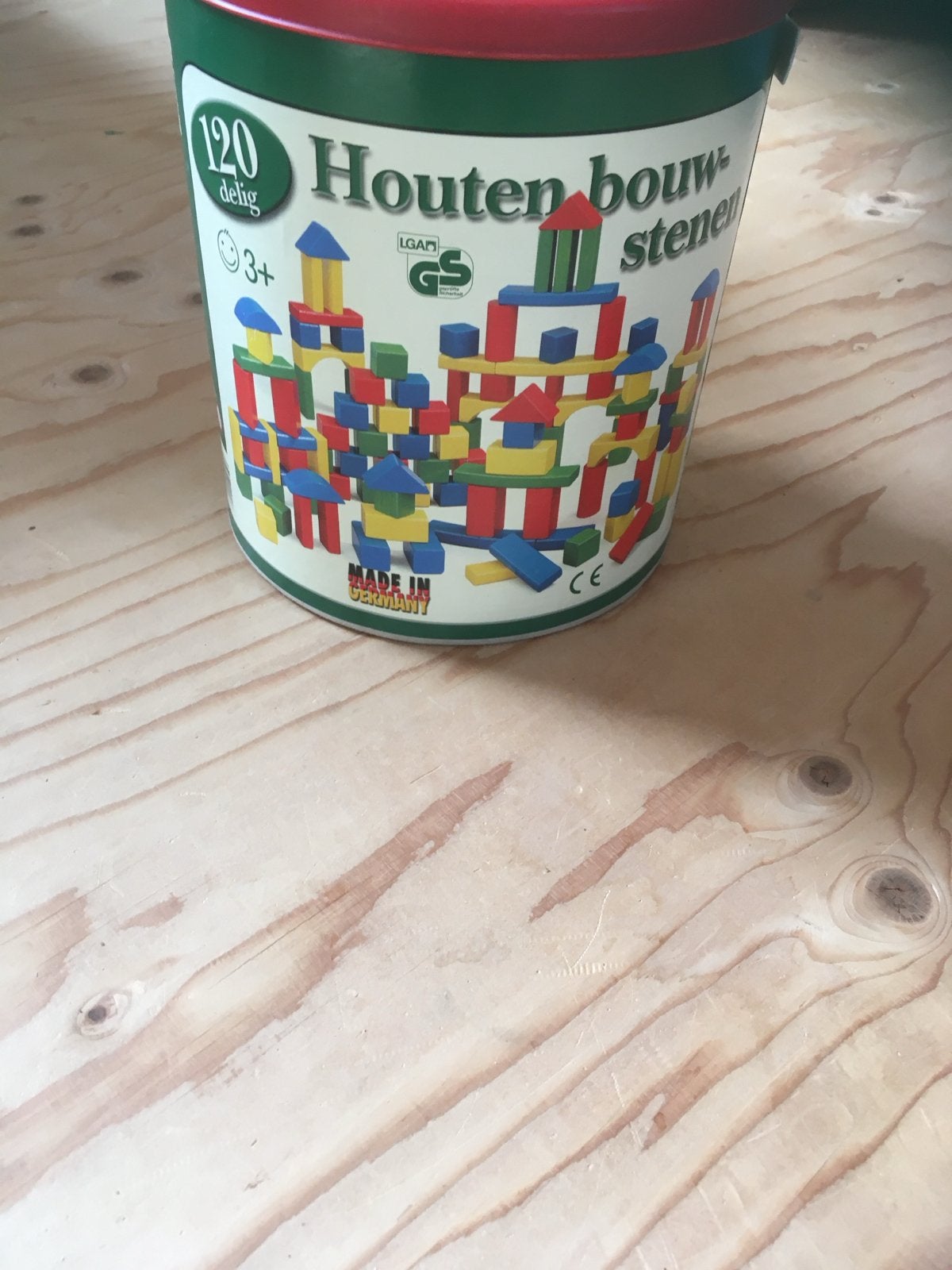 Gekleurde houten bouwblokken in trommel, Ophalen of Verzenden, Zo goed als nieuw, Overige typen