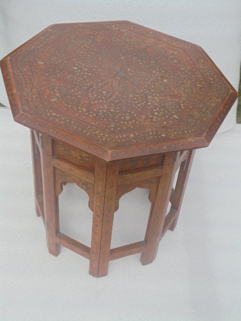 Antiek Indiase Hardhouten Bijzettafel met inlegwerk., Ophalen of Verzenden