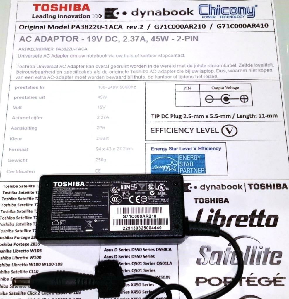 Toshiba PA3822U-1ACA 19V 2.37A 45W Adapter Oplader A045R001L, Ophalen of Verzenden, Zo goed als nieuw, Toshiba