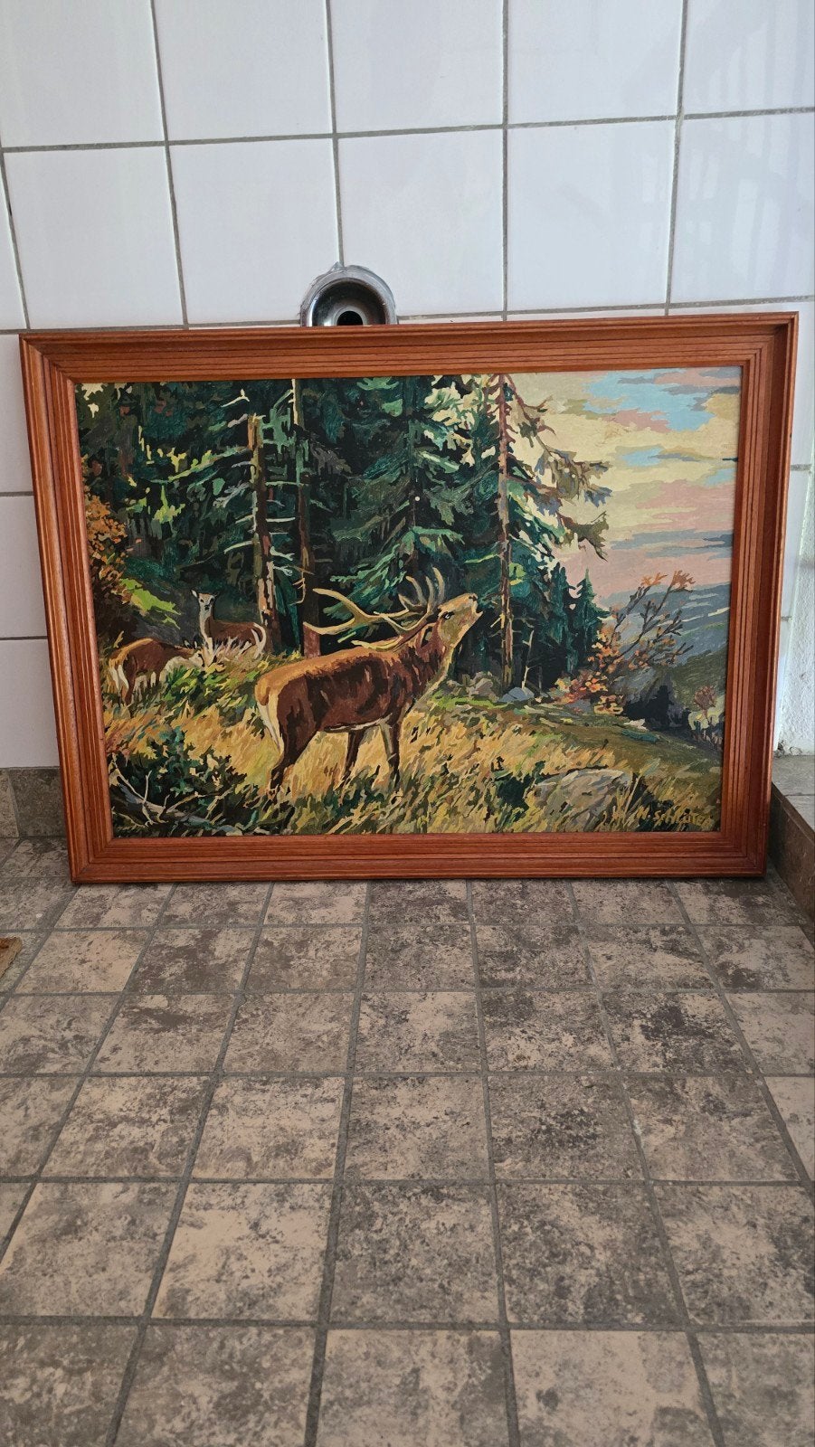 Schilderij H. Schüter - Edelherten in bos, Ophalen