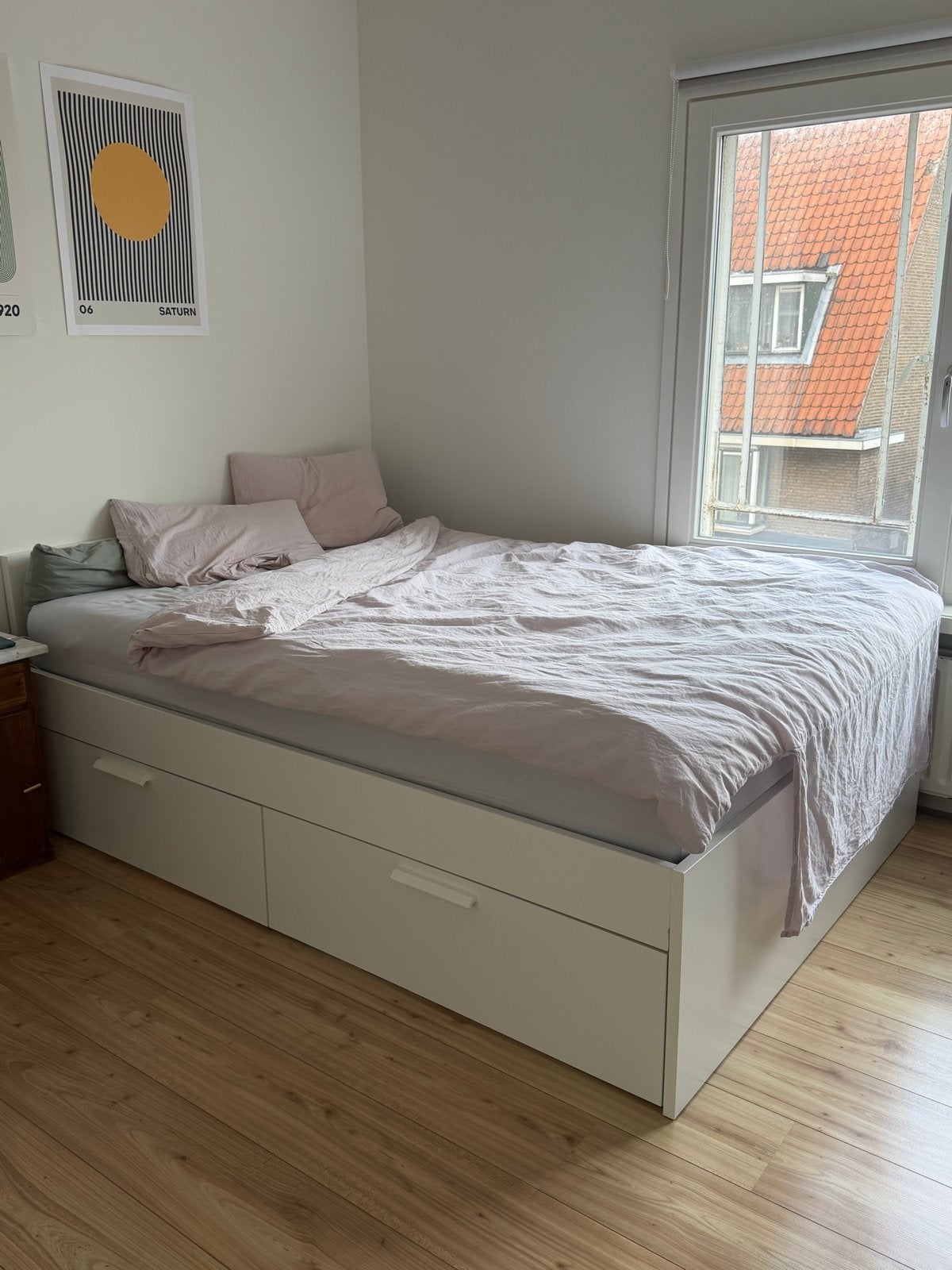 IKEA Brimnes bed 140x200 met lattenbodem, matras en topper, Ophalen, Gebruikt, Wit, Tweepersoons