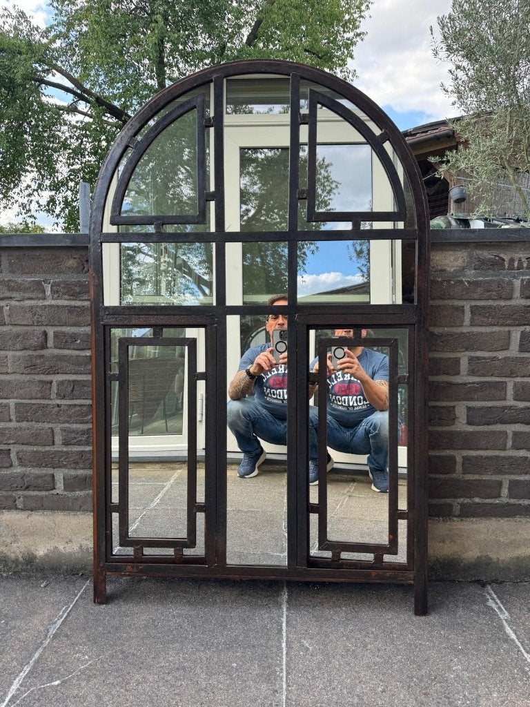 Unieke, industriële vintage spiegel/raam uit oude boerderij., Ophalen, Overige vormen, 50 tot 100 cm, 100 tot 150 cm