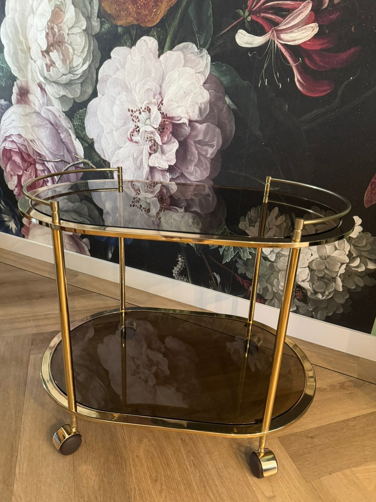vintage Hollywood Regency serveerwagen, Ophalen, Ovaal, 50 tot 75 cm, Glas