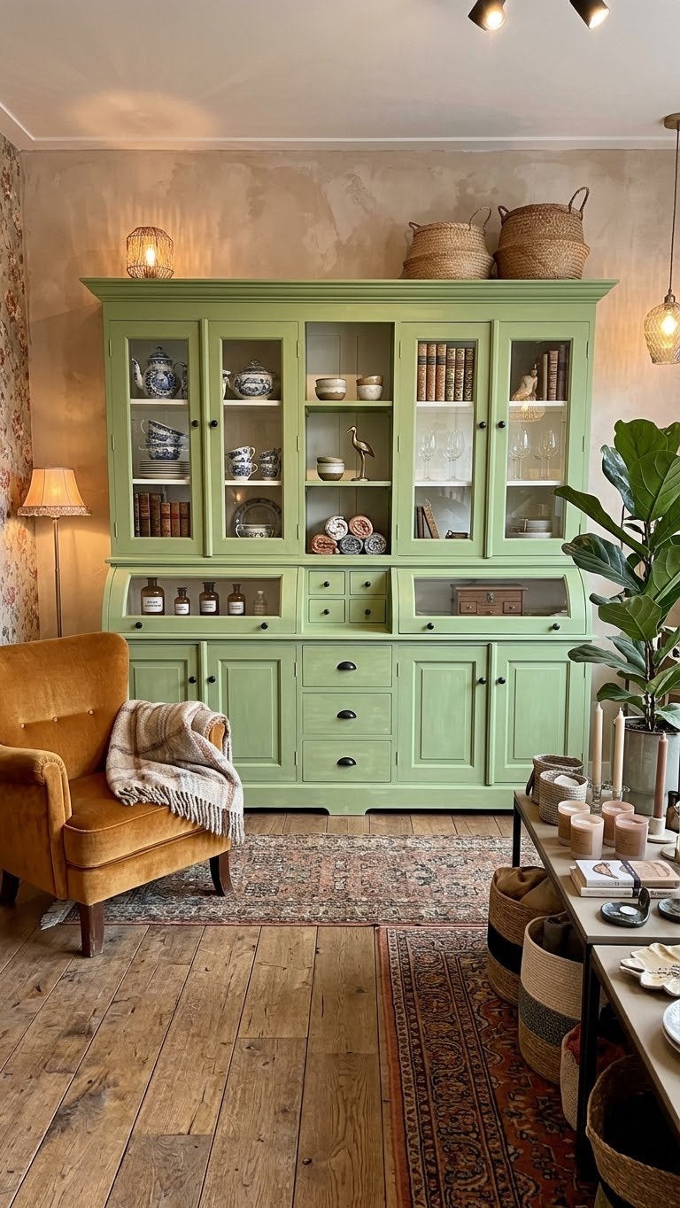 Groene buffetkast een echte blikvanger., 200 cm of meer, Uniek teak, Nieuw, Ophalen of Verzenden
