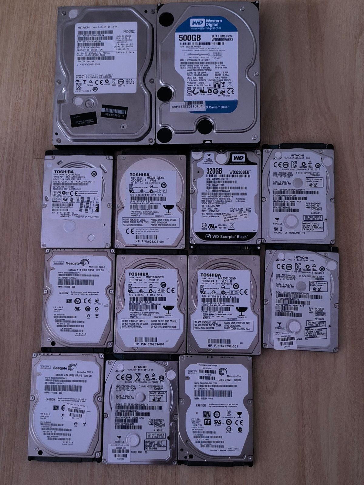 12 HDD'S - Toshiba - Western Digital - Hitachi, Meerdere formaten, HDD, Ophalen of Verzenden, Zo goed als nieuw