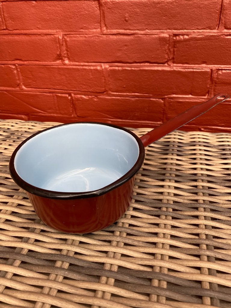 Brocante, vintage roodbruine emaille steelpan/melkpan, Ophalen of Verzenden