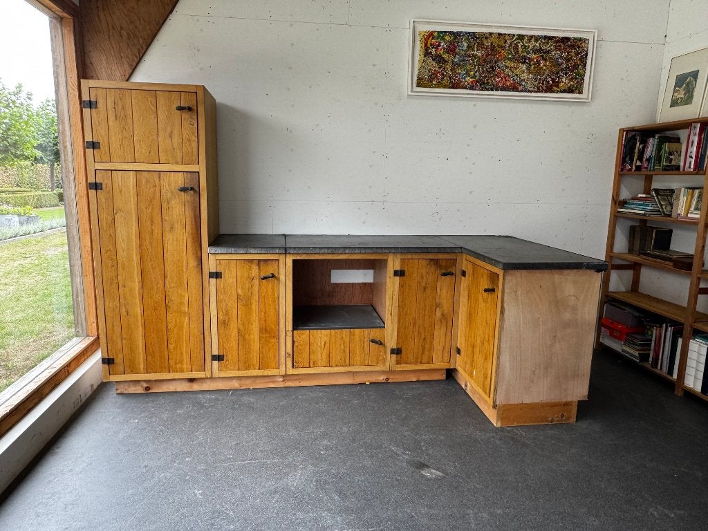 Knutsel keuken massief eiken,  met hardsteen bladen, Ophalen, Gebruikt, Bruin, 50 tot 100 cm