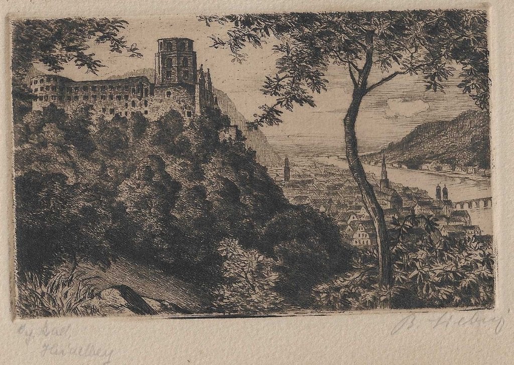 Liebig, B. - Heidelberg Ets  ca. 1900, Ets, Stadsgezicht, 9 cm, Ophalen of Verzenden