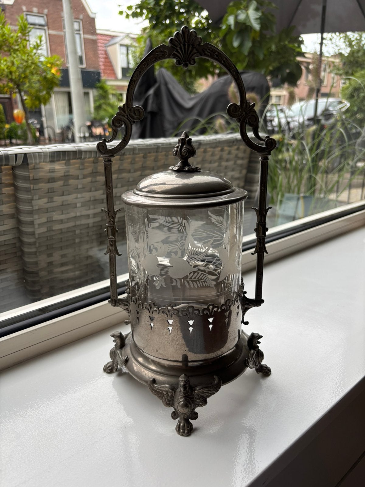 Antiek victoriaans pickle castor geetst glas adelaars, Ophalen