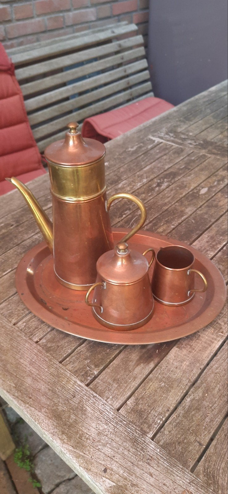 Koperen Koffie- en Theeservies met Dienblad, Antiek en Kunst, Antiek | Koper en Brons, Ophalen of Verzenden, Koper
