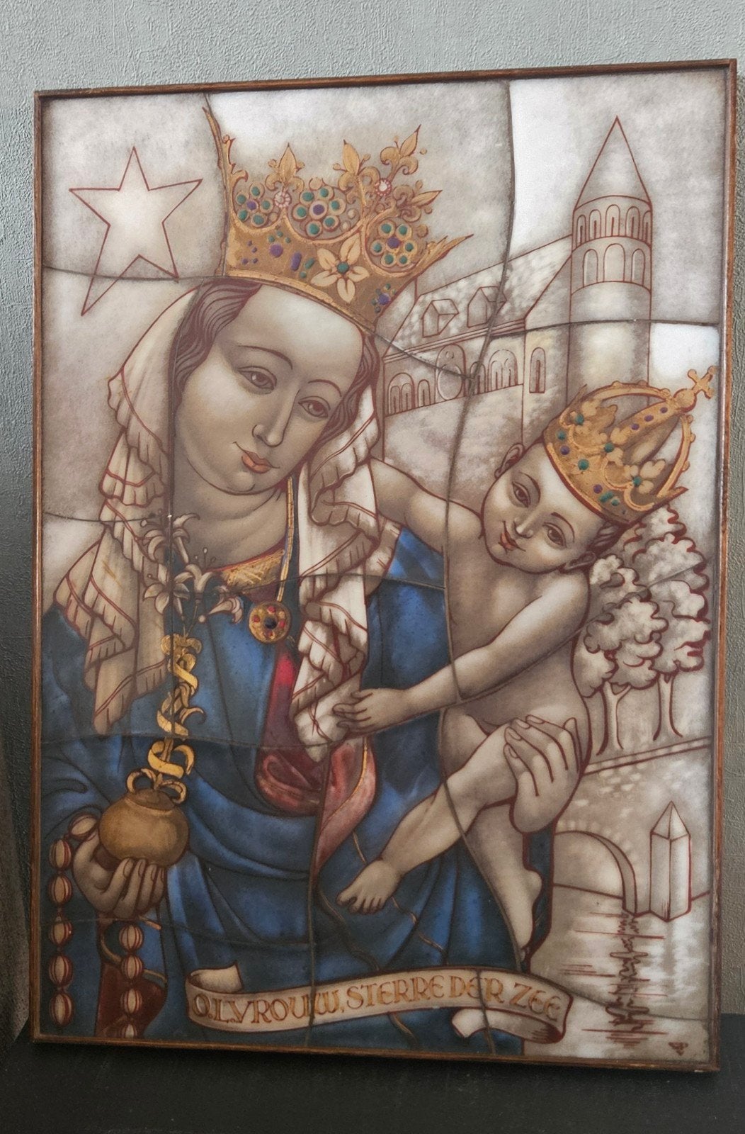 Antiek Tegeltableau 'Olvrouw, Sterre der Zee', Ophalen of Verzenden