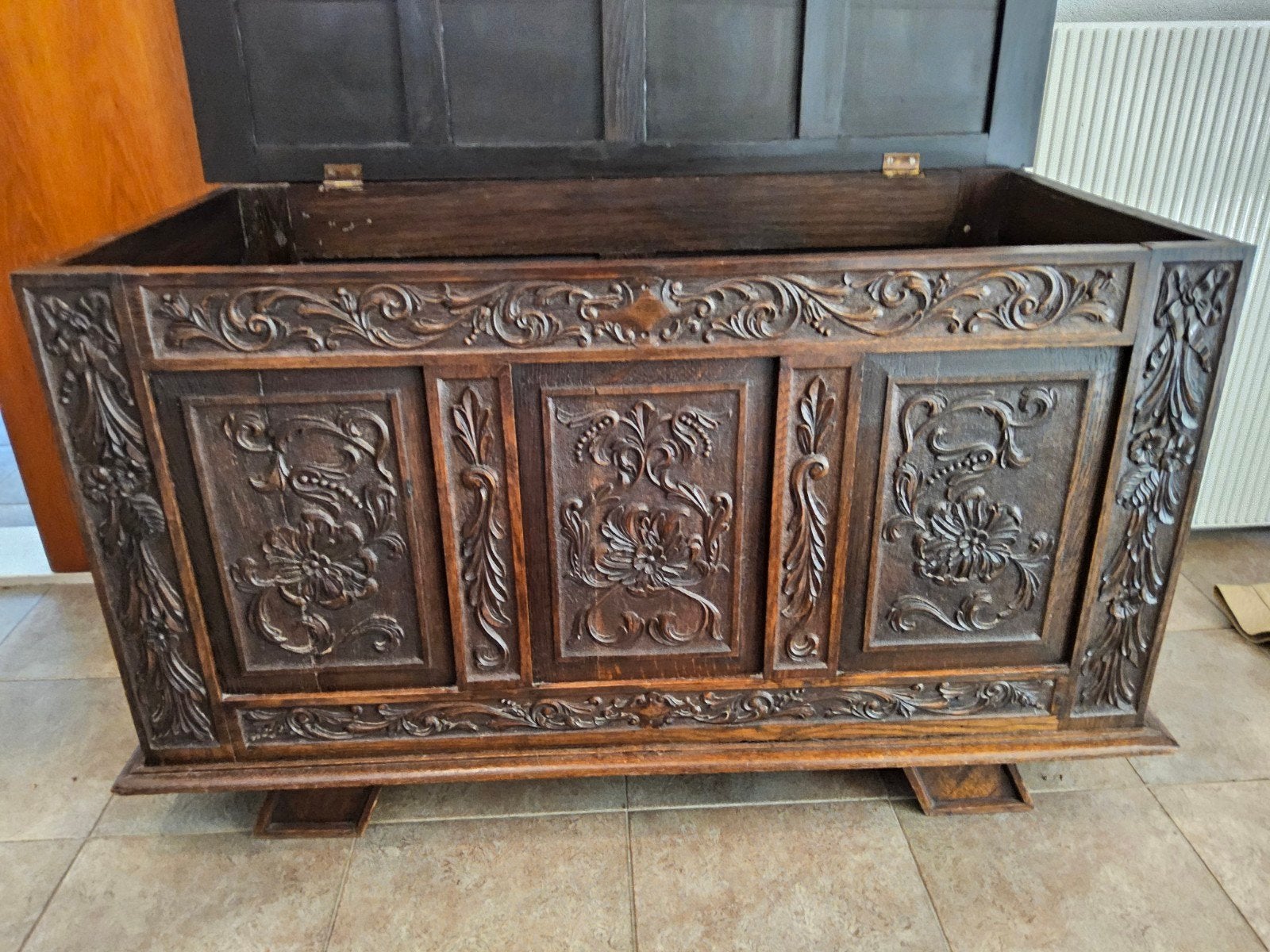 Oude eikenhouten dekenkist, Ophalen, 50 – 75, Gebruikt, 100 tot 150 cm