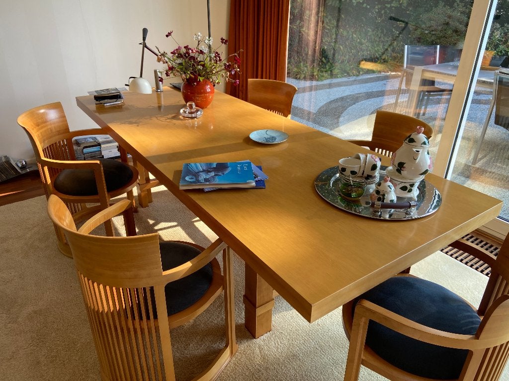 Cassina Frank Lloyd Wright Barrel chairs  + eettafel, Huis en Inrichting, Ophalen, 200 cm of meer, 50 tot 100 cm, Zo goed als nieuw