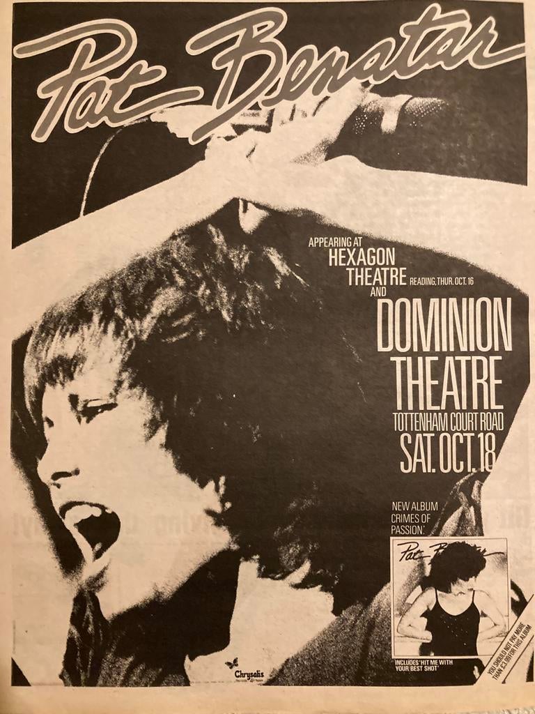 Paginagrote A3 advertentie PAT BENATAR Crimes Passion tour, Verzamelen, Posters, Ophalen of Verzenden, Zo goed als nieuw, A1 t/m A3