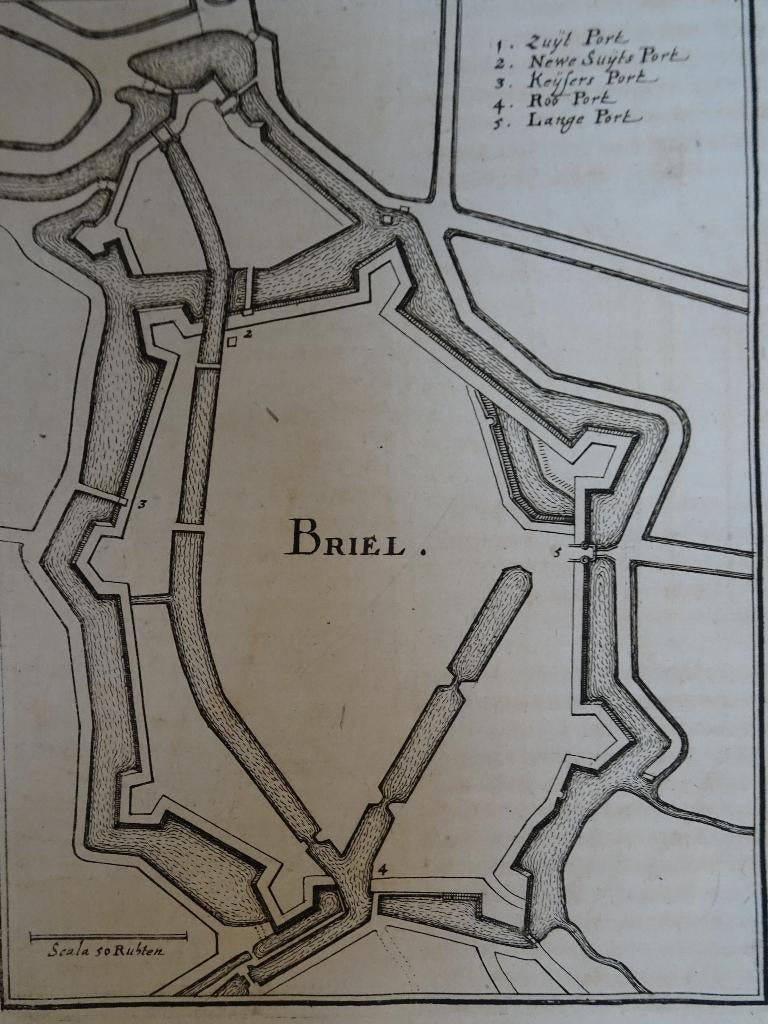 Dubbelgravure plattegrond Delfshaven en Brielle Merian 1670, Verzenden, Cartografie, 1600 - 1699, Gravure