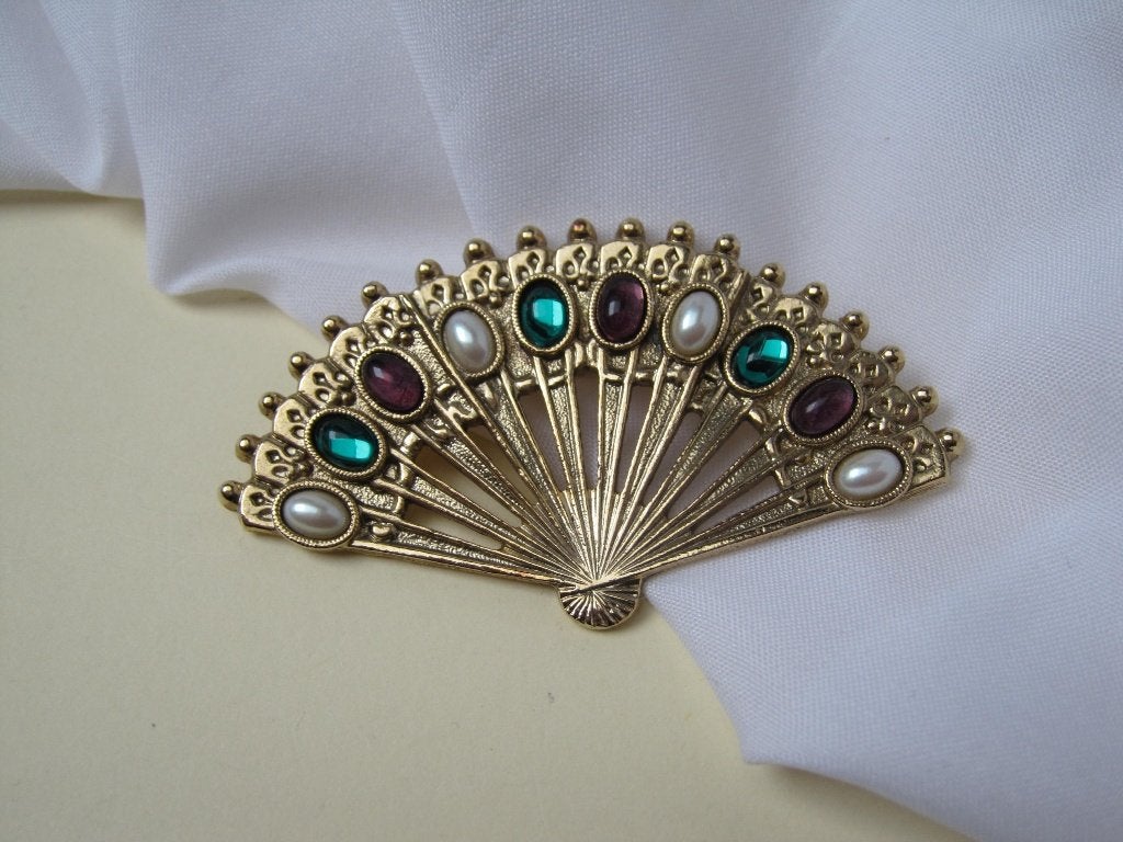 Broche waaier model //groen bruine/ parelmoer kleurig glas, Verzenden, Zo goed als nieuw, Overige kleuren, Overige materialen