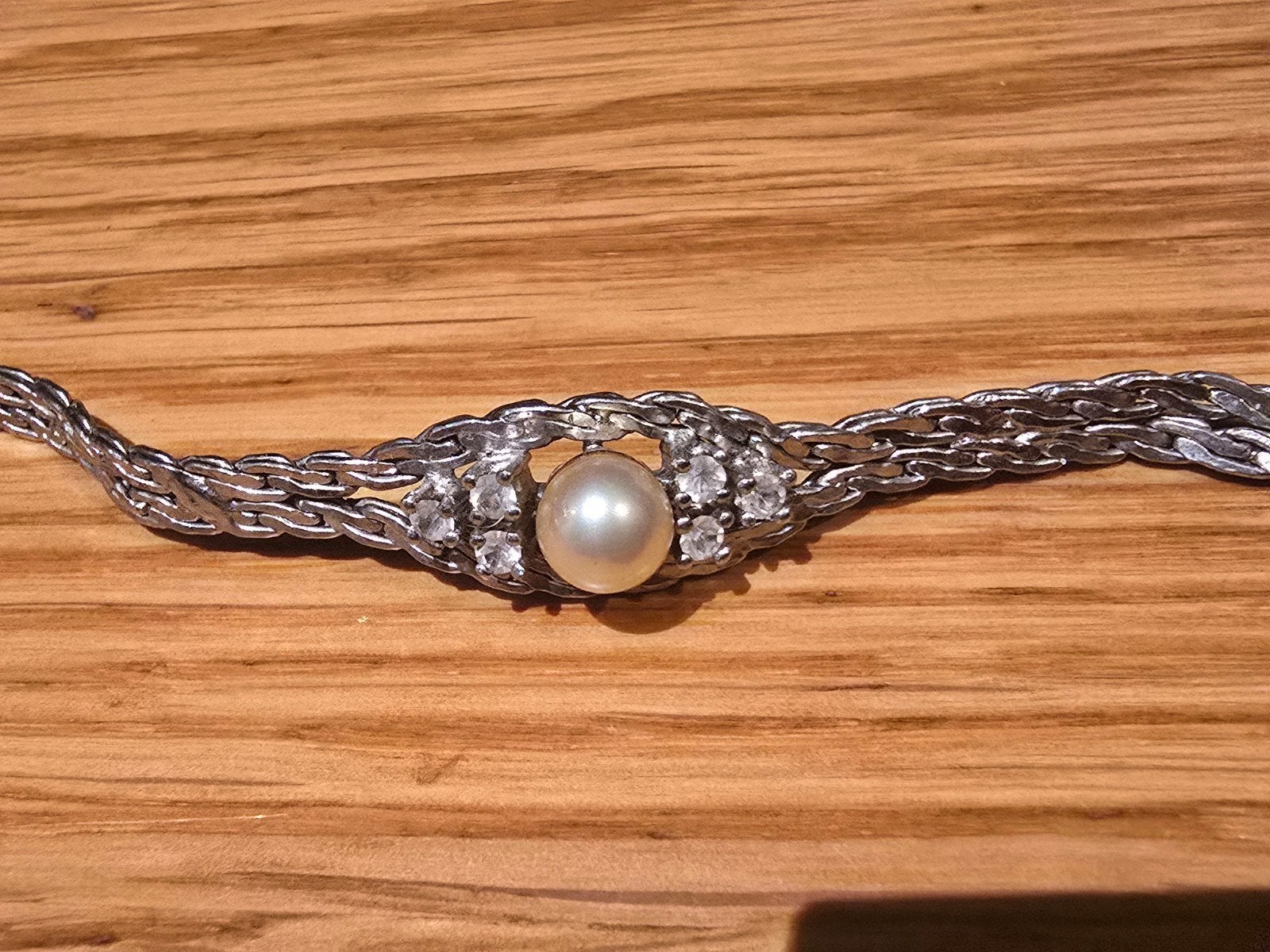 Zilveren armband 835 met parel en strass, Gebruikt, Ophalen of Verzenden, Zilver, Zilver