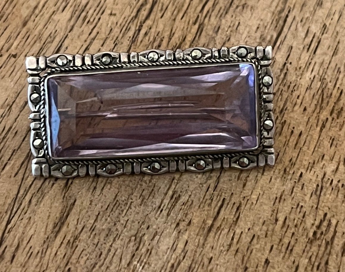 Antieke Zilveren Art Deco Broche Amethist Marcasiet 800 835, 4 tot 7 cm, Gebruikt, Paars, Ophalen of Verzenden