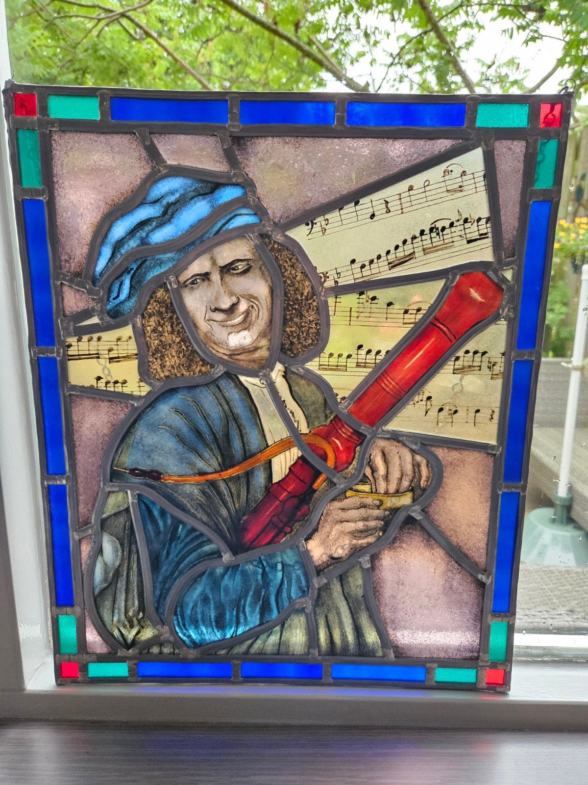 Uniek Glas-in-lood paneel met muzikant en bladmuziek, Ophalen