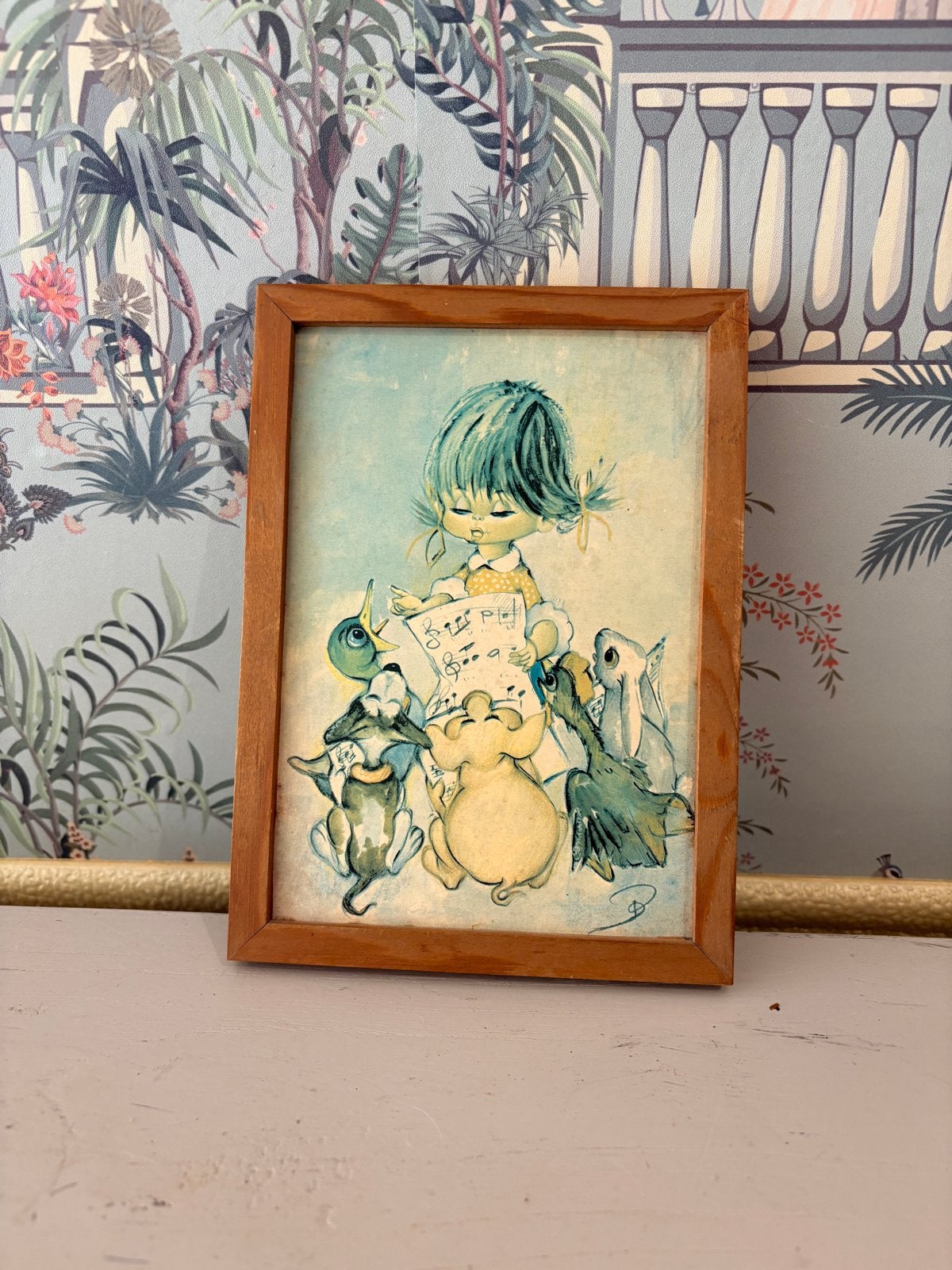 Vintage kinderprentje: meisje met dieren, Minder dan 50 cm, Gebruikt, Ophalen of Verzenden, Print
