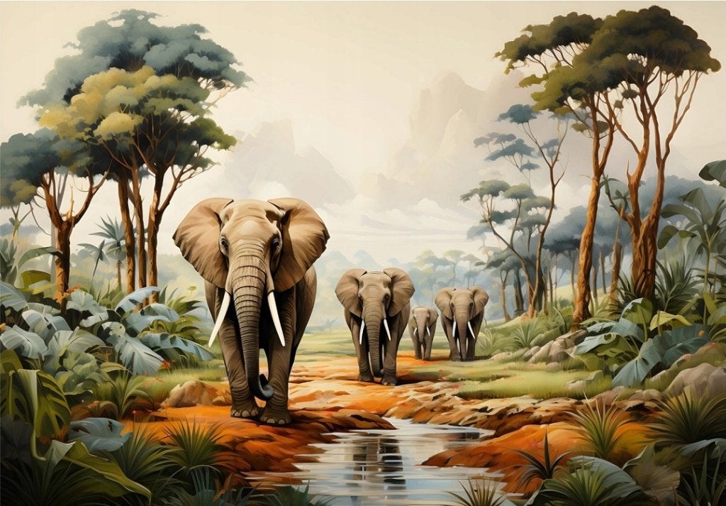 Jungle behang Olifanten familie, fotobehang kan ook op maat, Verzenden, Nieuw