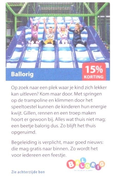 Ballorig 15% kortingscode, Tickets en Kaartjes, Drie personen of meer, Kortingskaart
