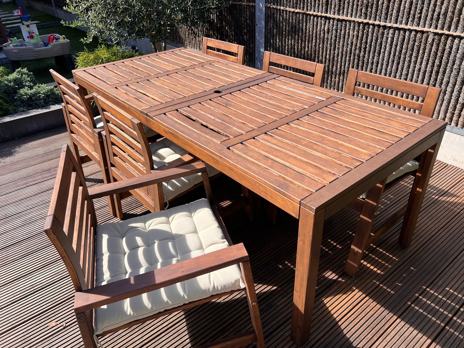 Houten tuinset met 6 stoelen en kussens, Ophalen, Gebruikt, Rechthoekig, Hout