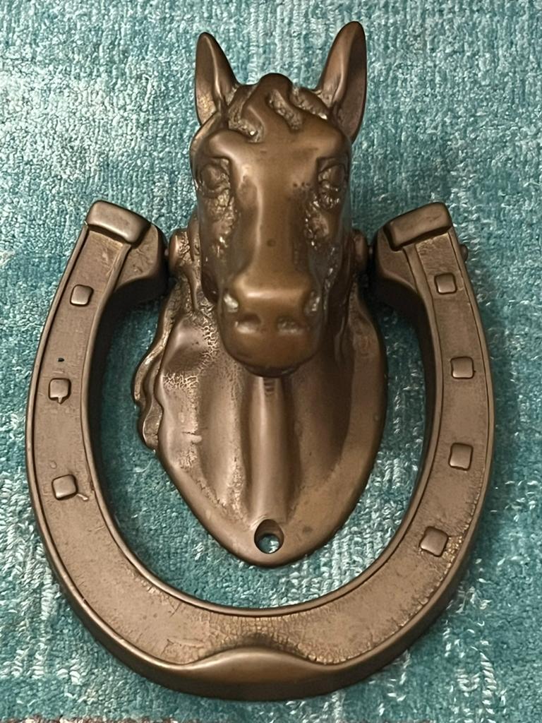 Antieke bronzen paardenhoofd hoefijzer deurbel, Antiek en Kunst, Ophalen of Verzenden