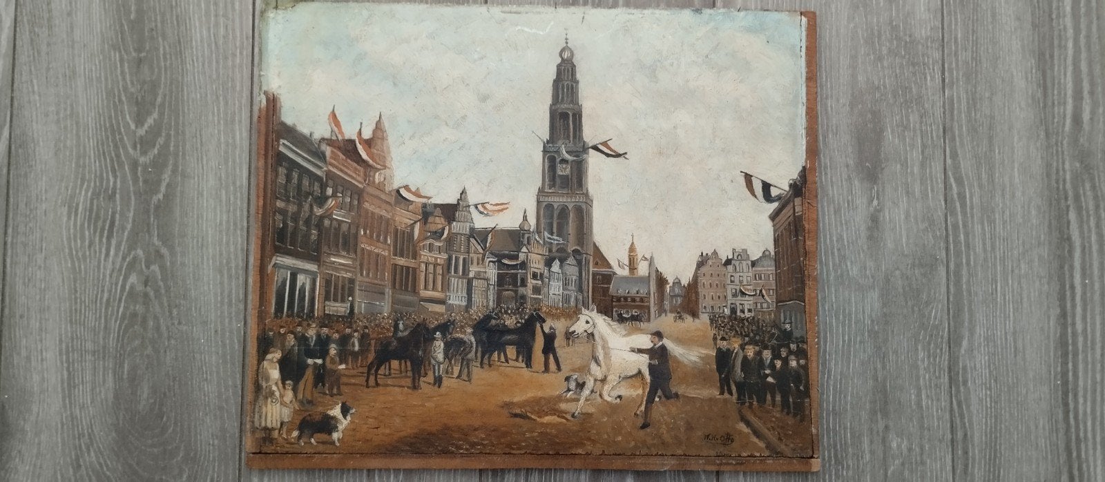 Schilderij paardekeuring Gronings ontzet., Antiek en Kunst, Kunst | Schilderijen | Abstract, Ophalen