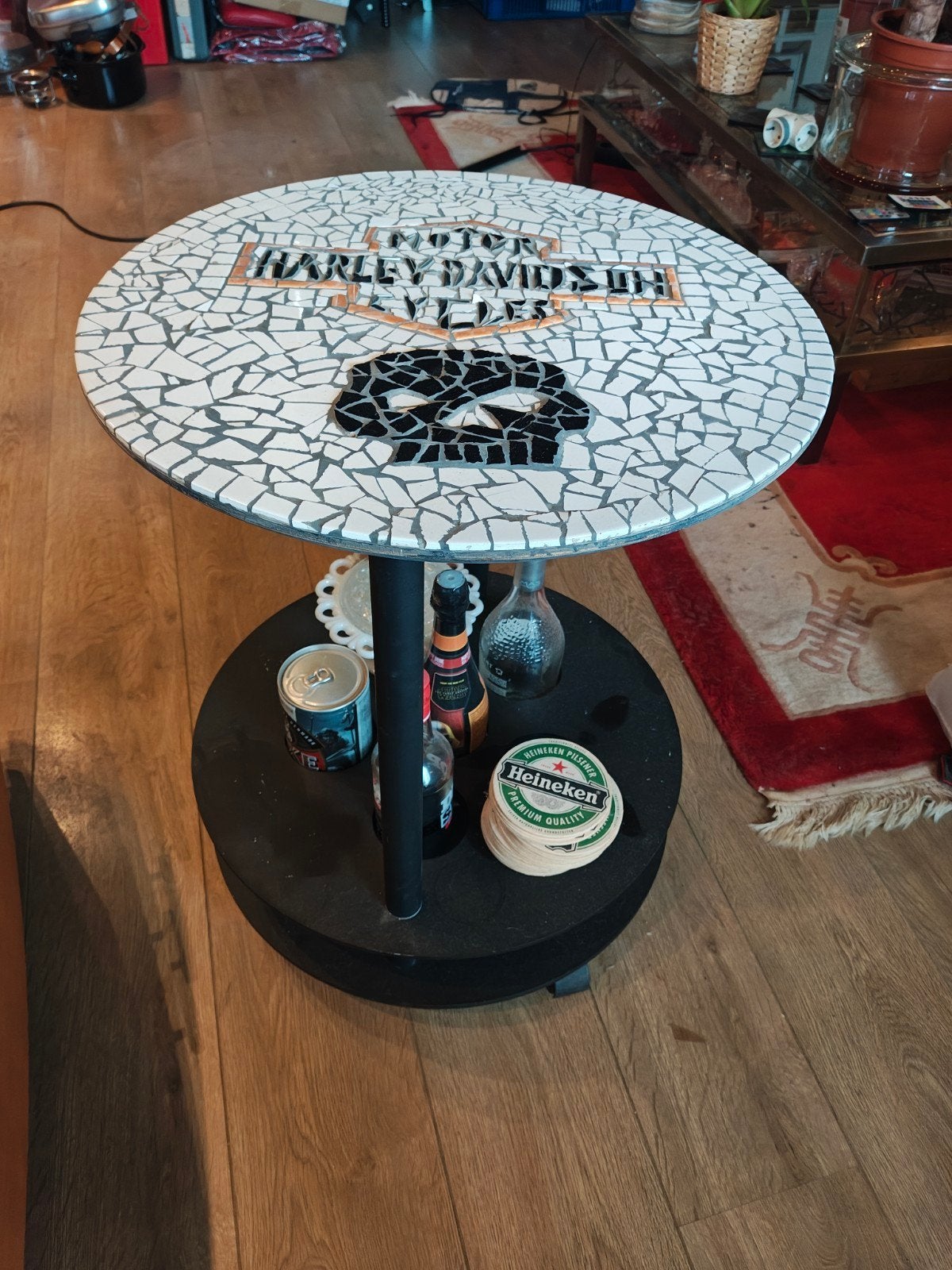 Unieke Harley Davidson Dranktafel met Wielen, Ophalen, Gebruikt, 50 tot 100 cm, Rond