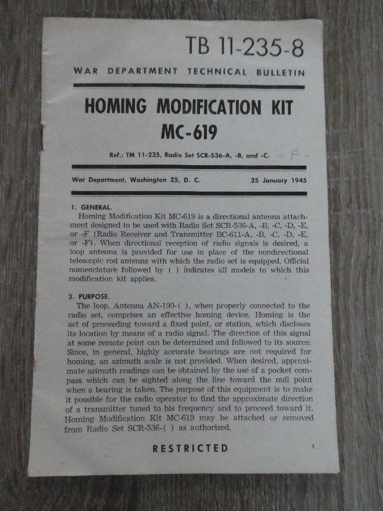 Voorschrift Homing Modification kit MC-619, Ophalen of Verzenden, Landmacht, Amerika, Boek of Tijdschrift