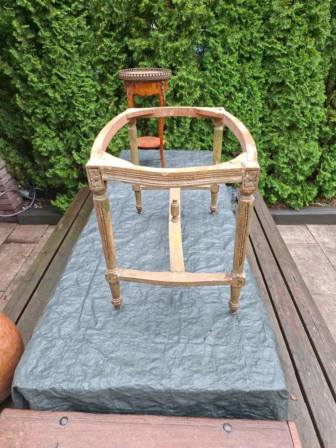 Antieke Louis XVI stijl tafel met roze marmeren blad, Ophalen, Gebruikt, 75 cm of meer, 60 cm of meer