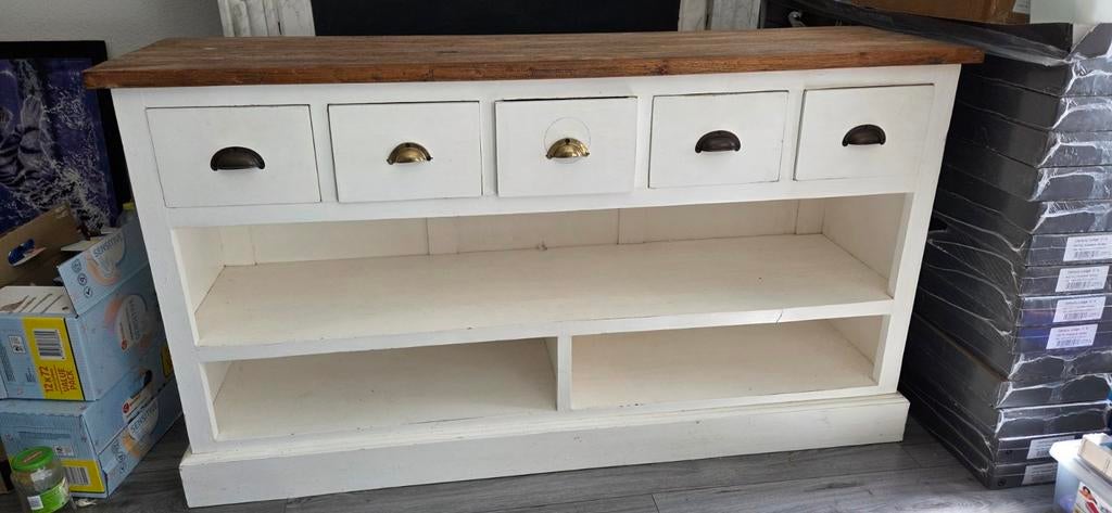 Teak/MDF Dressoir met Lades en Planken - 160x90x45 cm, Ophalen, Met plank(en), Gebruikt, 150 tot 200 cm