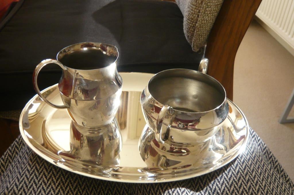suiker en melk setje op schaaltje, verzilverd, Antiek en Kunst, Antiek | Servies los, Ophalen of Verzenden
